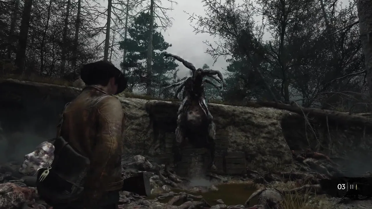 The protagonist facing a tall antler-headed Lovecraftian monster in misty woods