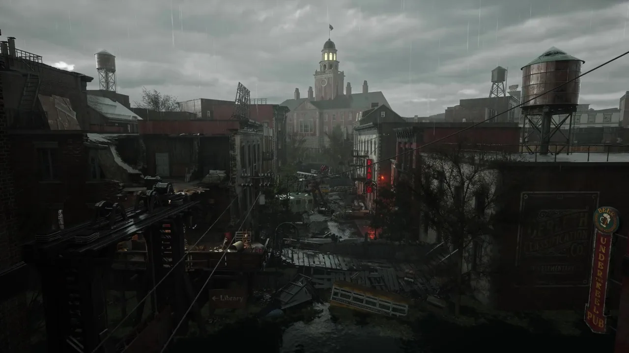The rain-soaked Arkham skyline with water towers and neon signs