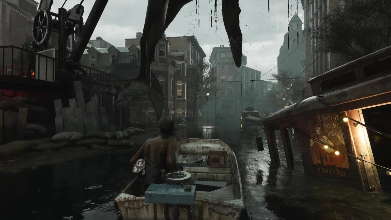 The protagonist's motorboat passing a Devil's Reef poster in rain-soaked streets