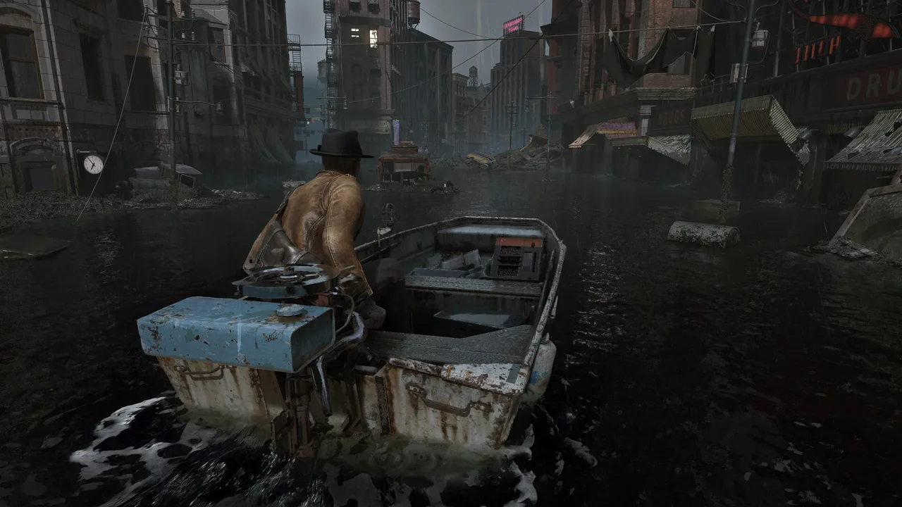 The protagonist steering a small boat down a flooded Arkham street
