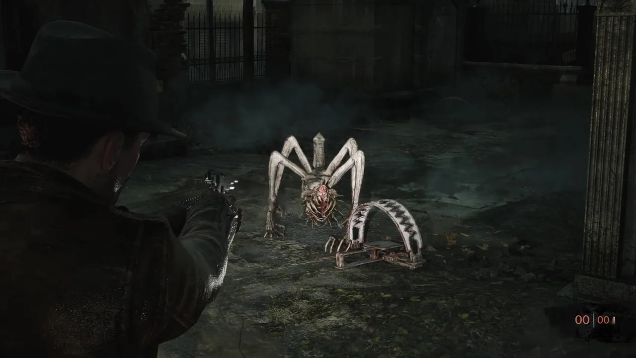 The protagonist aiming at a spider-like bone creature in a dark cemetery