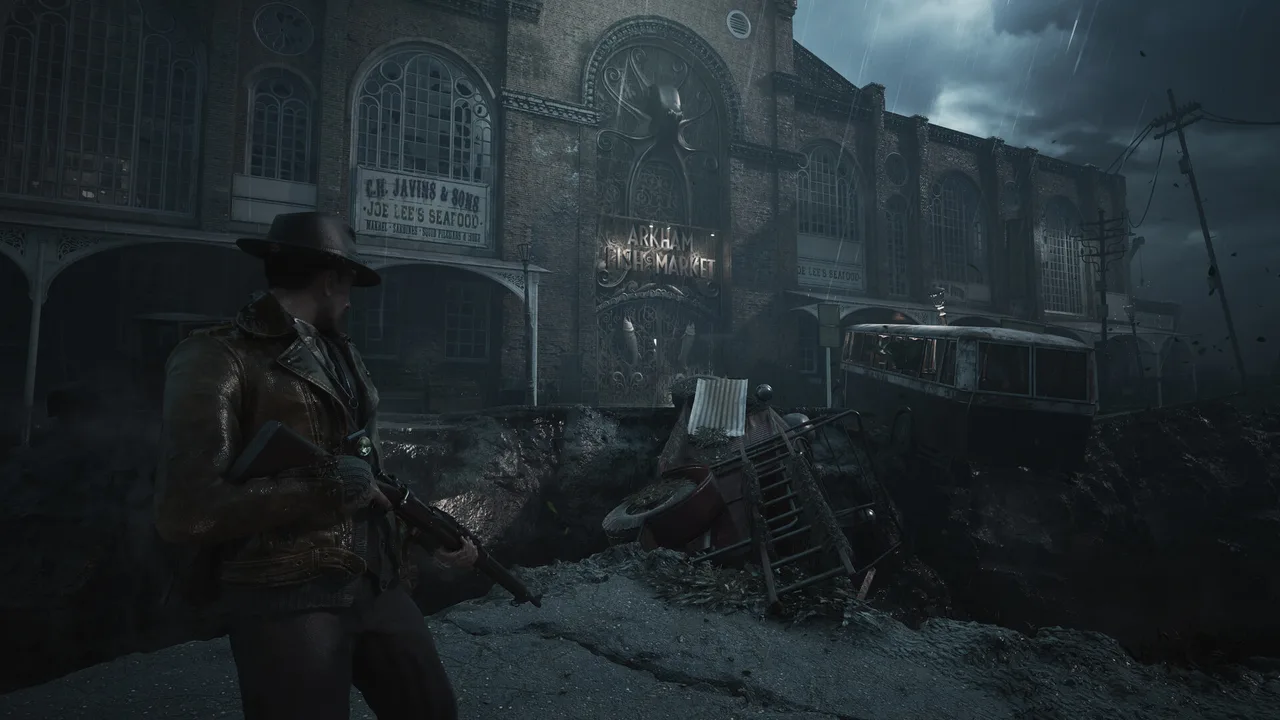 The protagonist with a weapon drawn on a ruined, waterlogged Arkham street