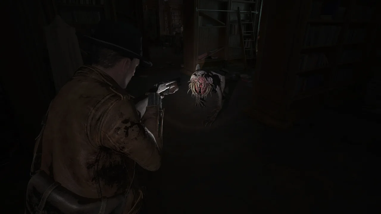 The protagonist aiming a revolver at a tentacle-faced creature on a wet floor