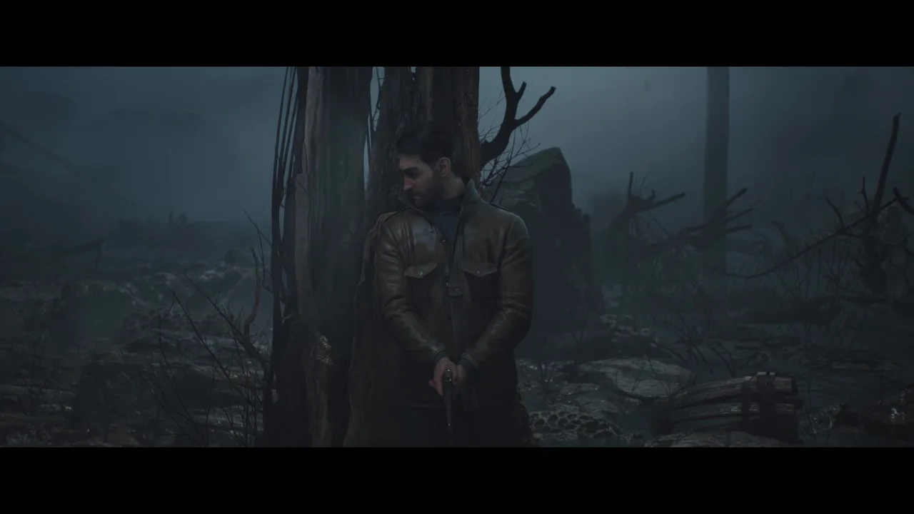 The protagonist leaning against a dead tree in a misty, desolate landscape