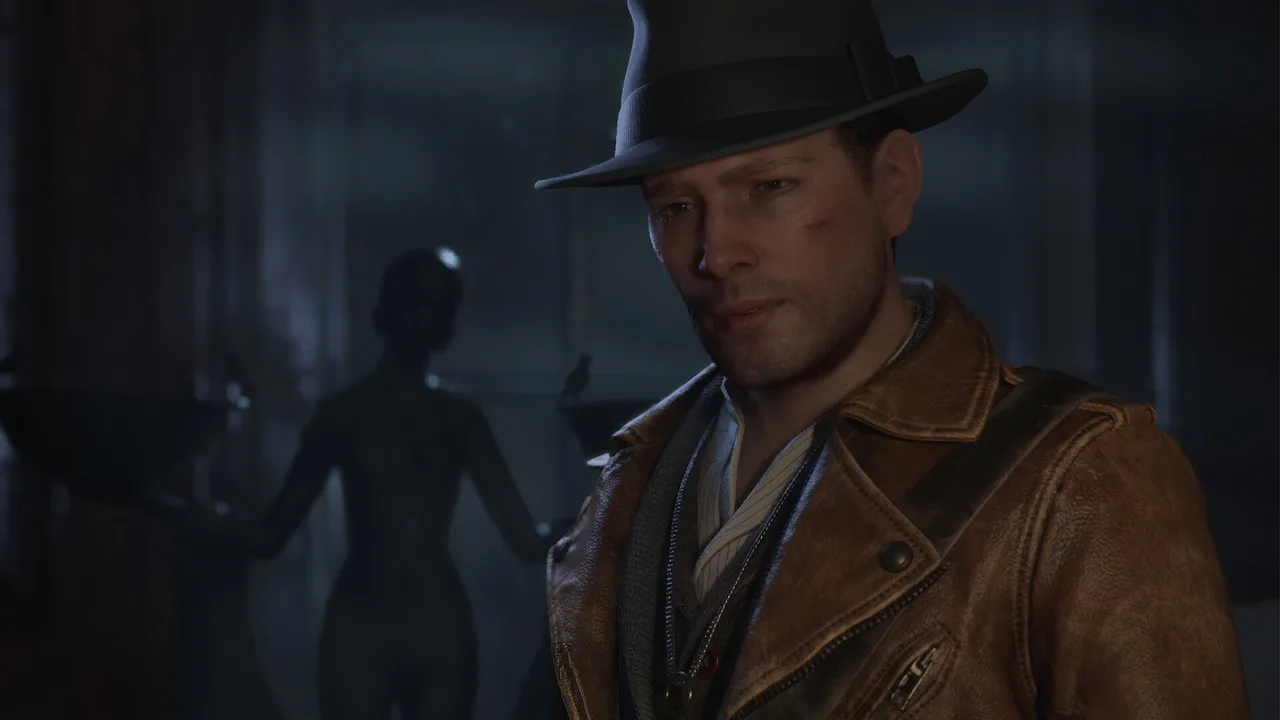 The trench-coated detective with a pale ghostly figure behind him