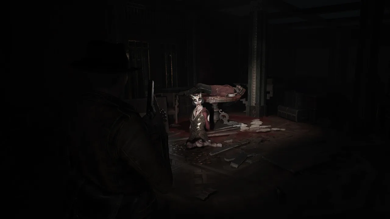 A dim, blood-touched mansion interior under investigation
