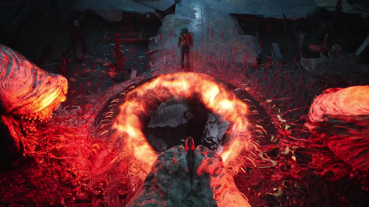 A burning eldritch maw of organic mass with the protagonist at its edge