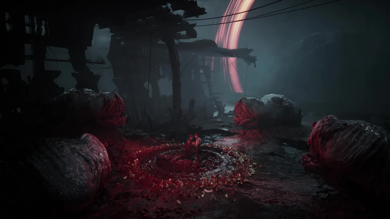 A massive organic eldritch lair of giant tentacle growths in red glow