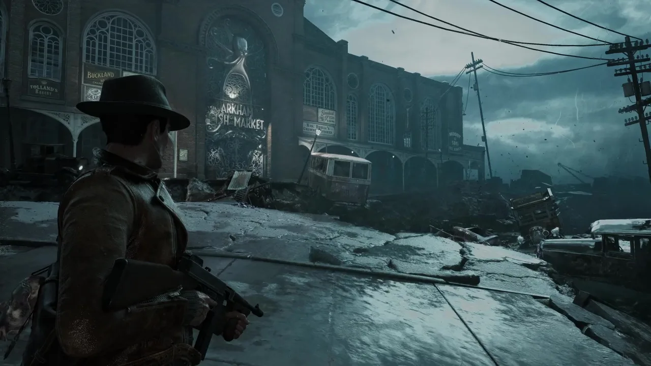 The protagonist with an SMG outside the Arkham Fish Market's octopus mural