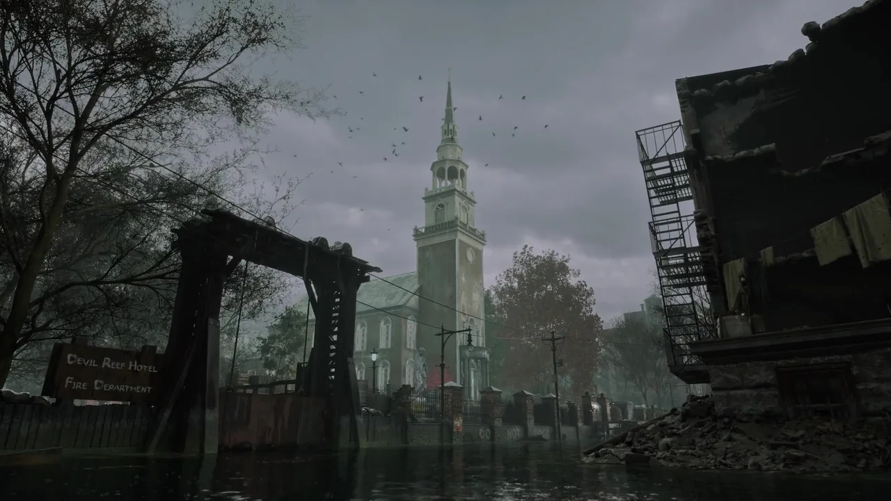 A flooded Arkham district with a church steeple and the Devil Reef Hotel sign