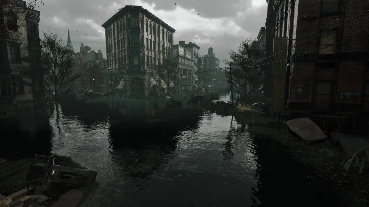 Wide view of flooded Arkham streets and submerged buildings in the rain