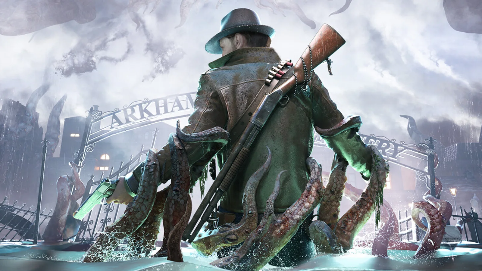 The Sinking City 2 key art — a flooded, fog-bound Arkham street