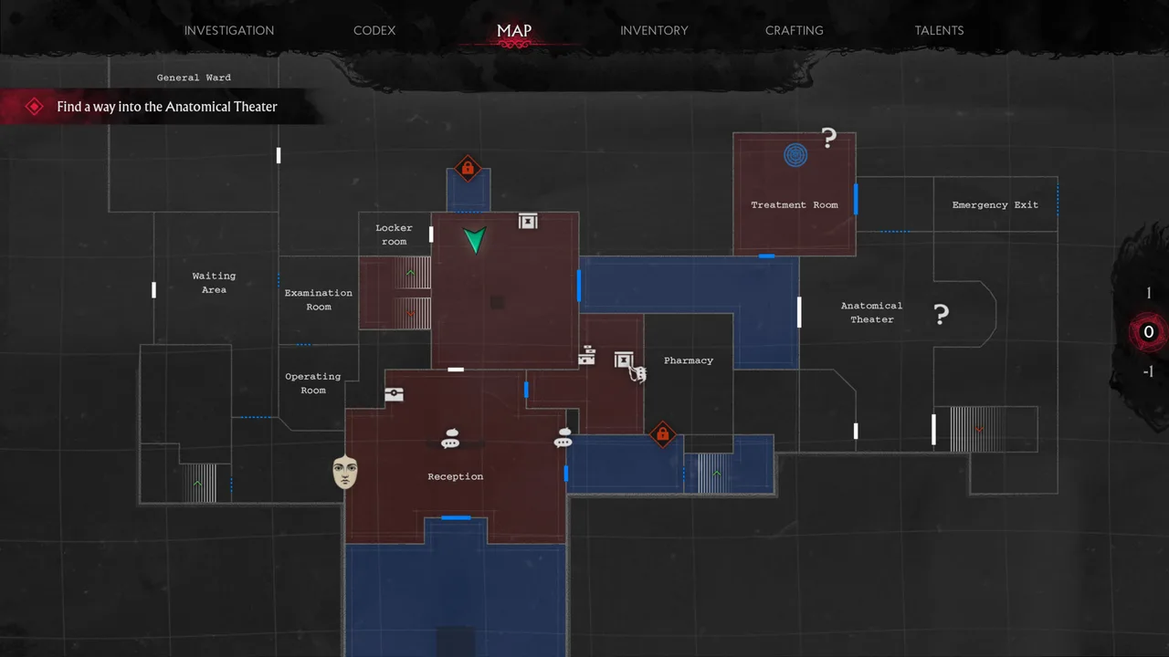 The in-game district map and investigation board of drowned Arkham