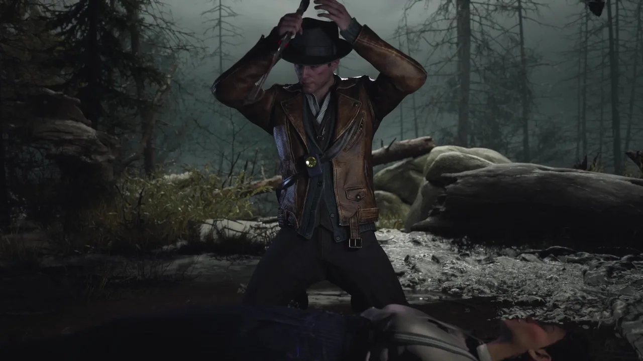The protagonist in a melee stance in a misty Arkham swamp
