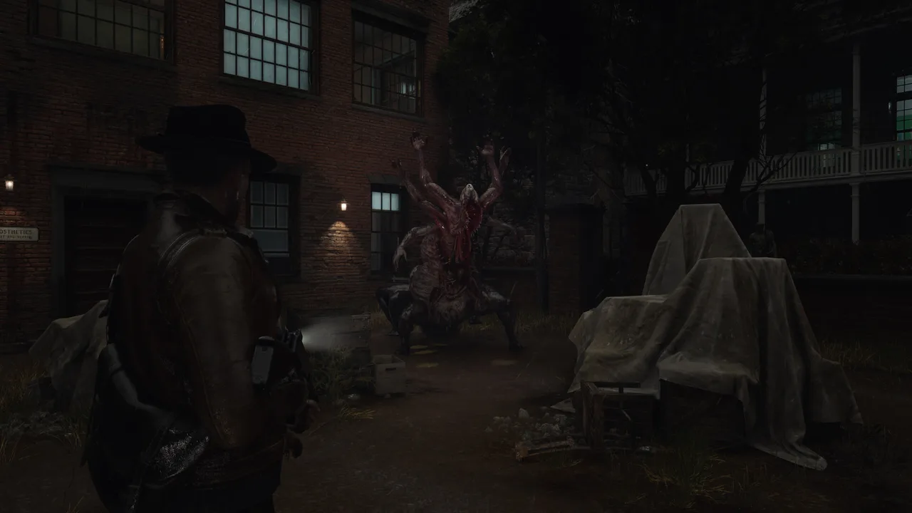 A multi-armed Lovecraftian creature attacking outside a brick building at night