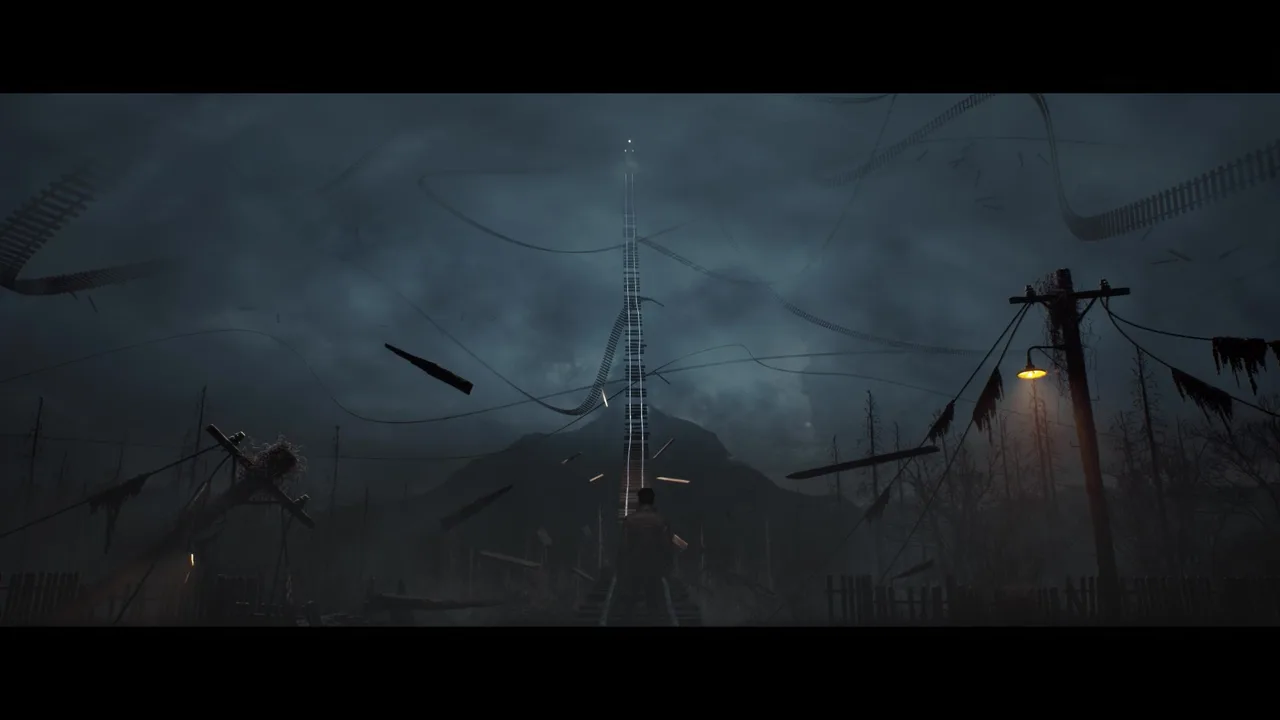 A dark, atmospheric concept art depicting a massive eldritch silhouette looming over a submerged gothic cathedral under a crimson sky.