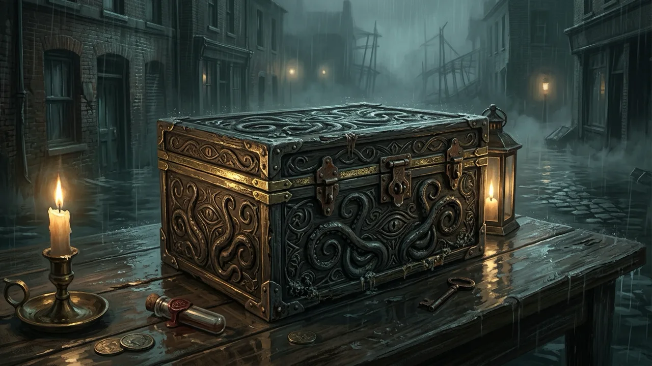 A luxury collector's edition game box adorned with golden eldritch symbols and seals sits on a dark wooden study desk in candle light.