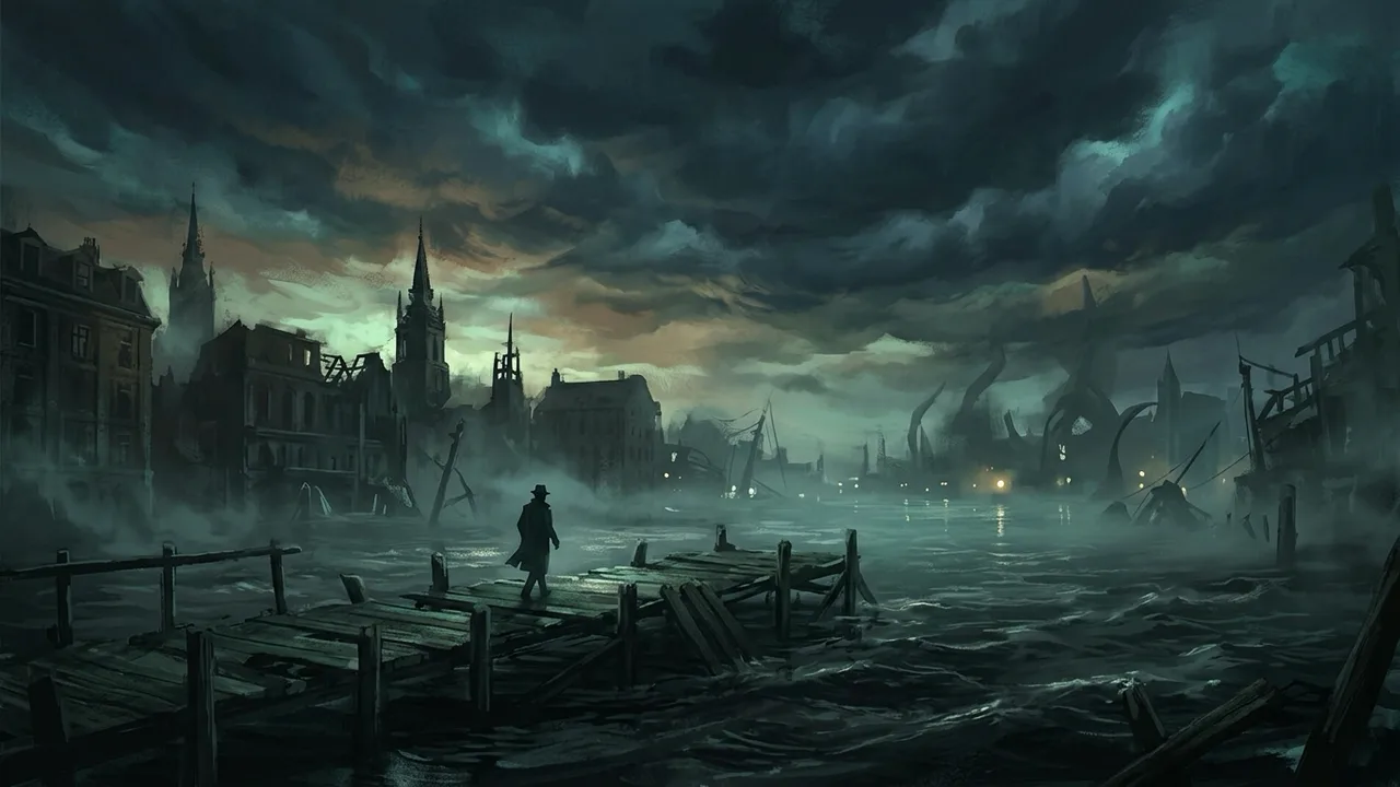 A silhouette of a lonely investigator standing before the flooded Arkham skyline, anticipating the launch of The Sinking City 2.