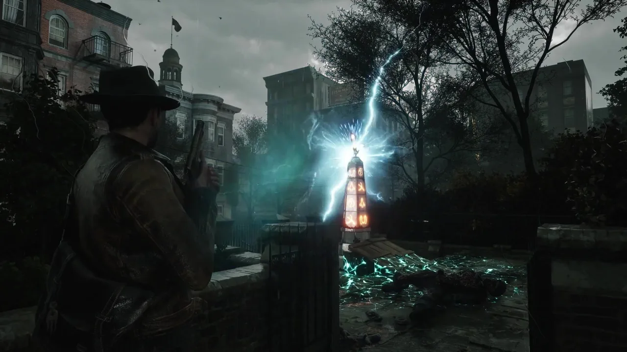 Lightning striking a glowing runic obelisk with blue supernatural energy