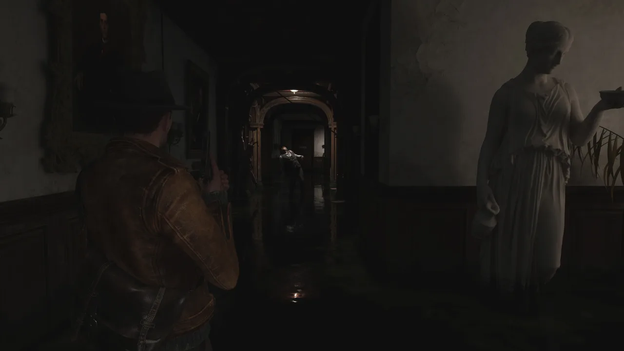 A pale figure looming in a dim mansion doorway