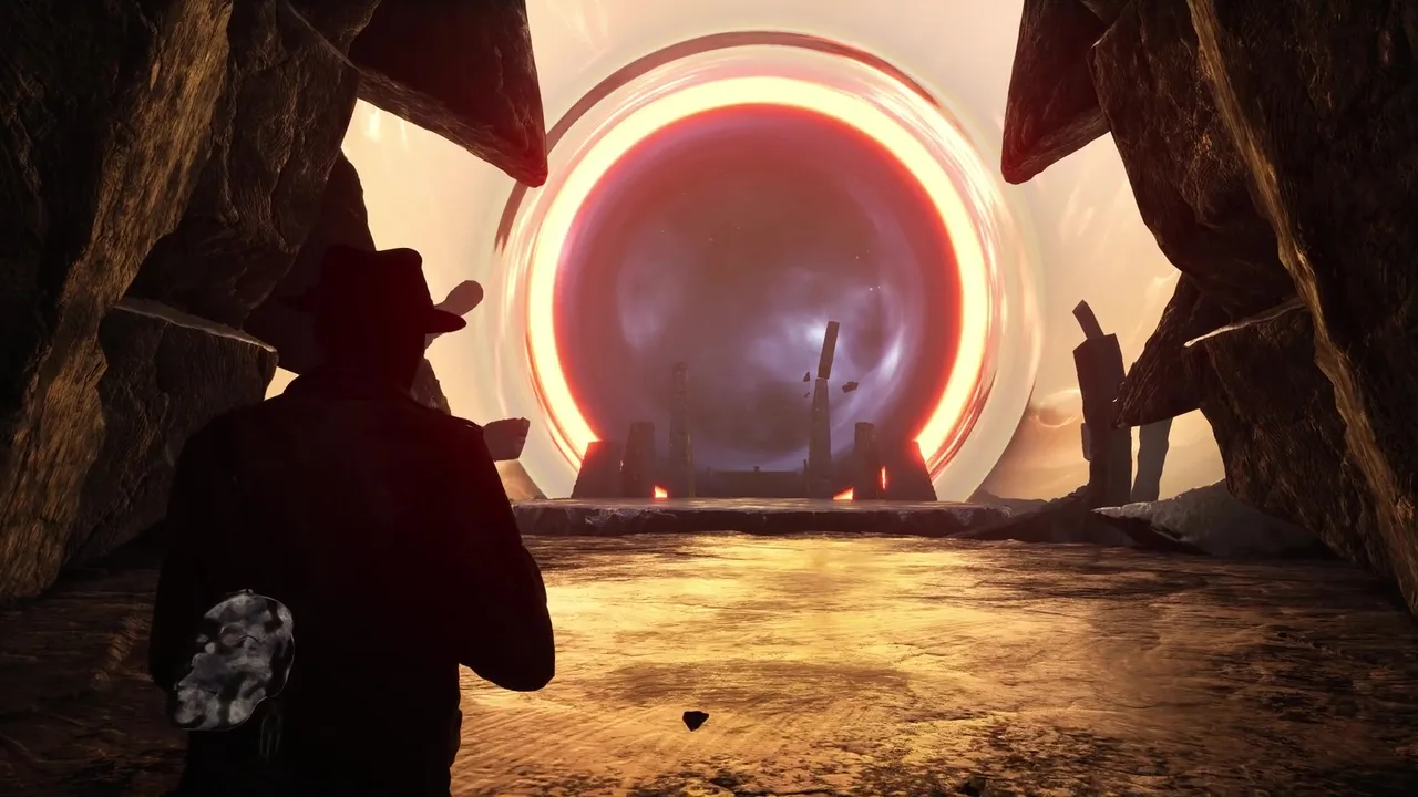 A silhouette before a glowing red portal ring in an otherworldly cavern