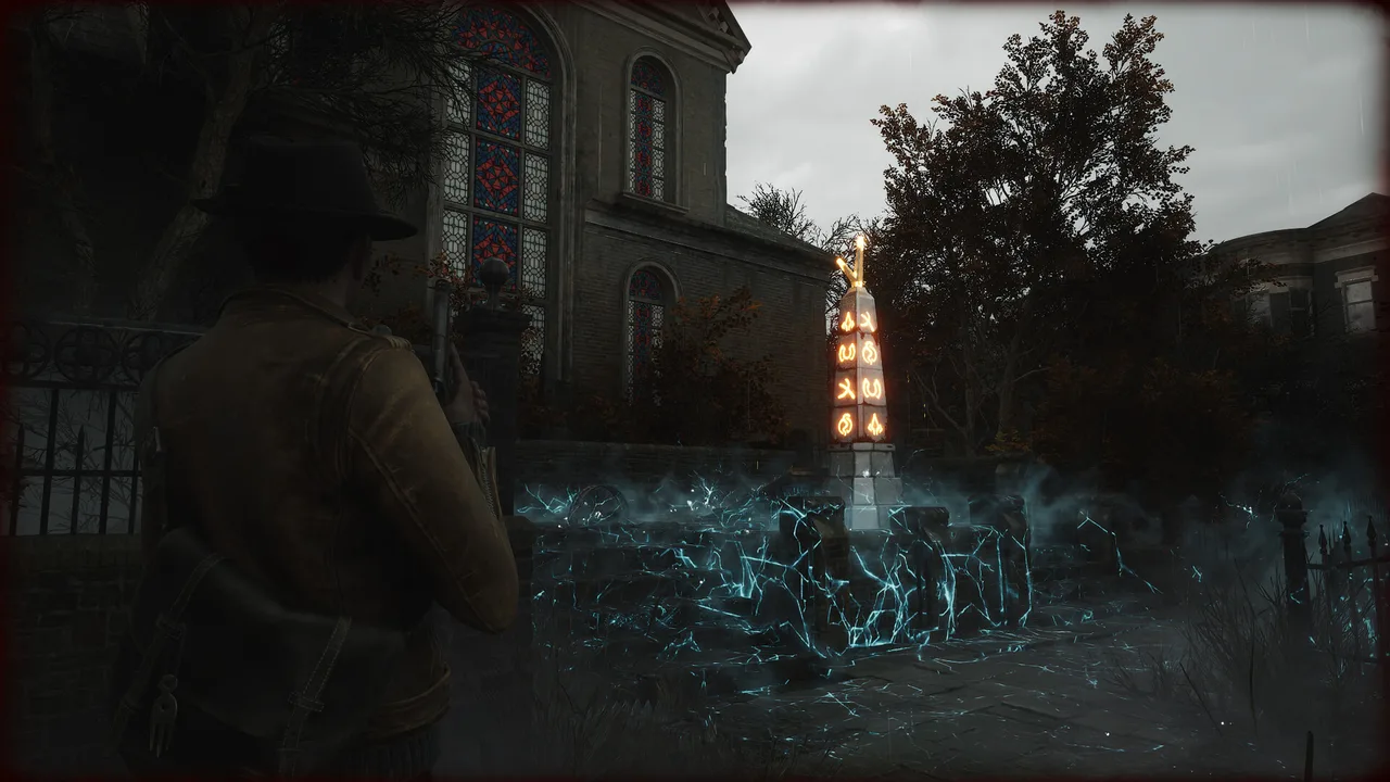 A glowing runic obelisk and eerie blue energy in a night churchyard
