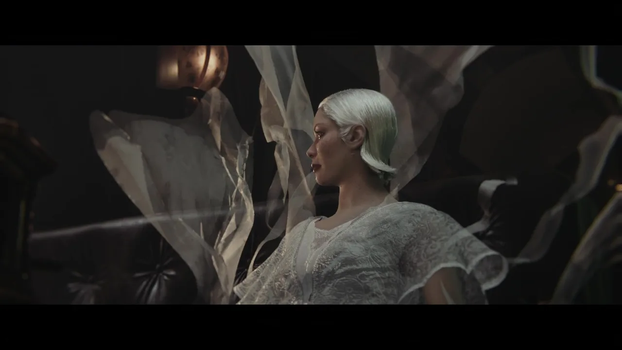 A white-haired woman in flowing garments under cinematic light